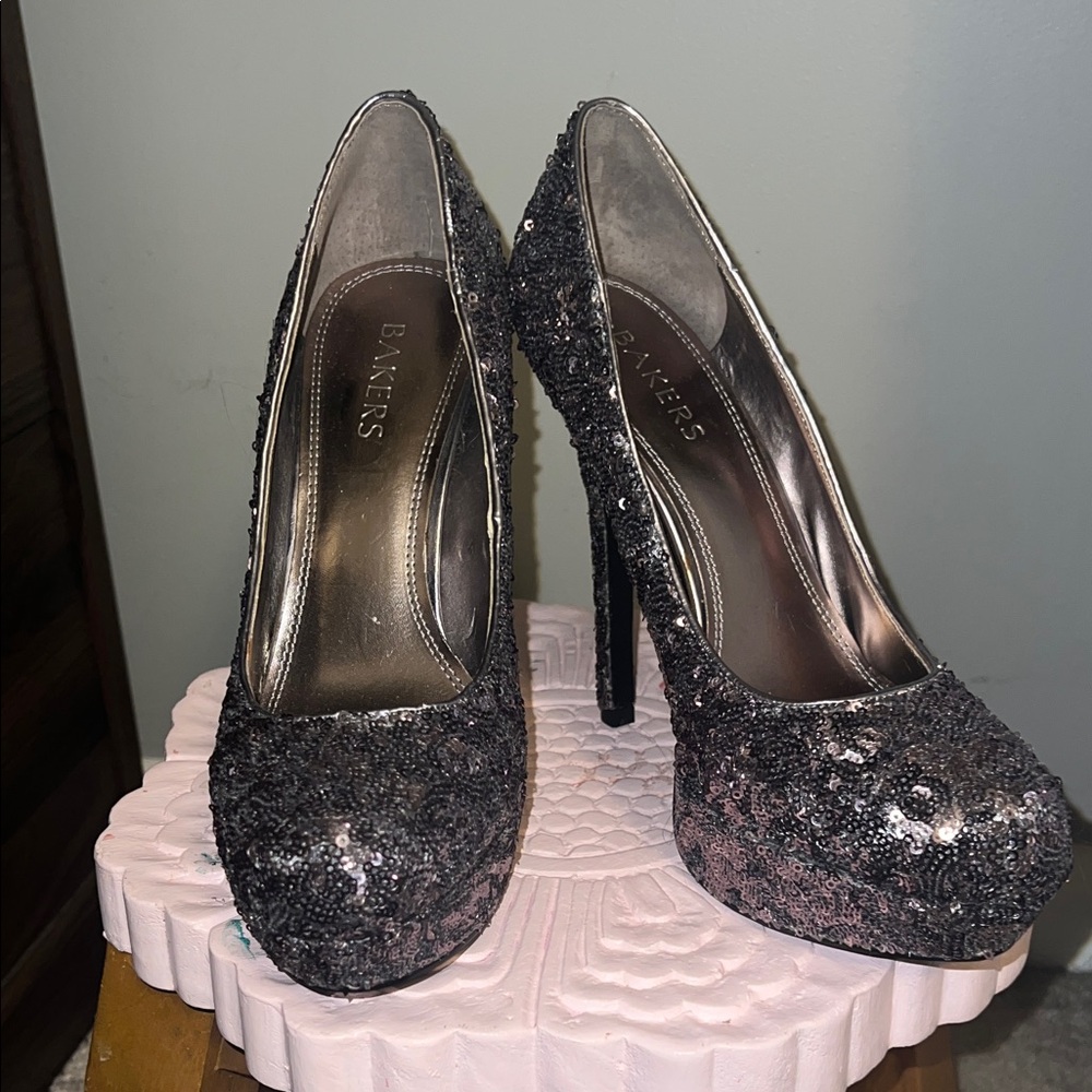 Bakers Black Sequin Platform Stiletto Heels with Glitter